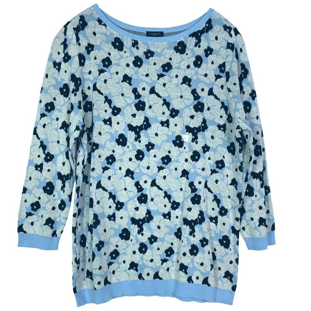 NWT Ann Taylor Factory Women's Floral Sweater Large Blue & Black 3/4 Sleeve